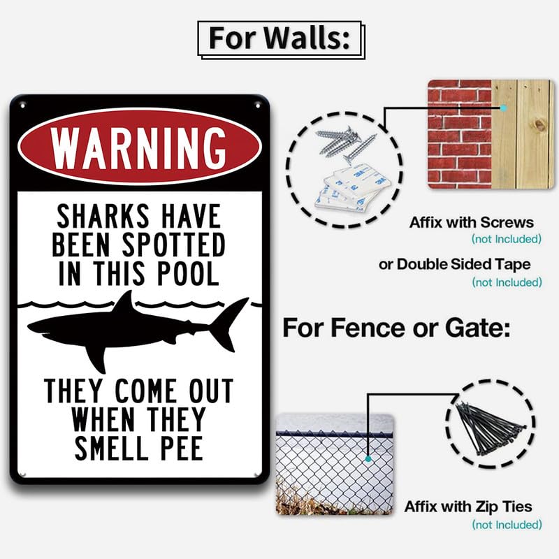 Funny Shark Warning Pool Sign - 8x12 Inch Metal Swimming Pool Decor