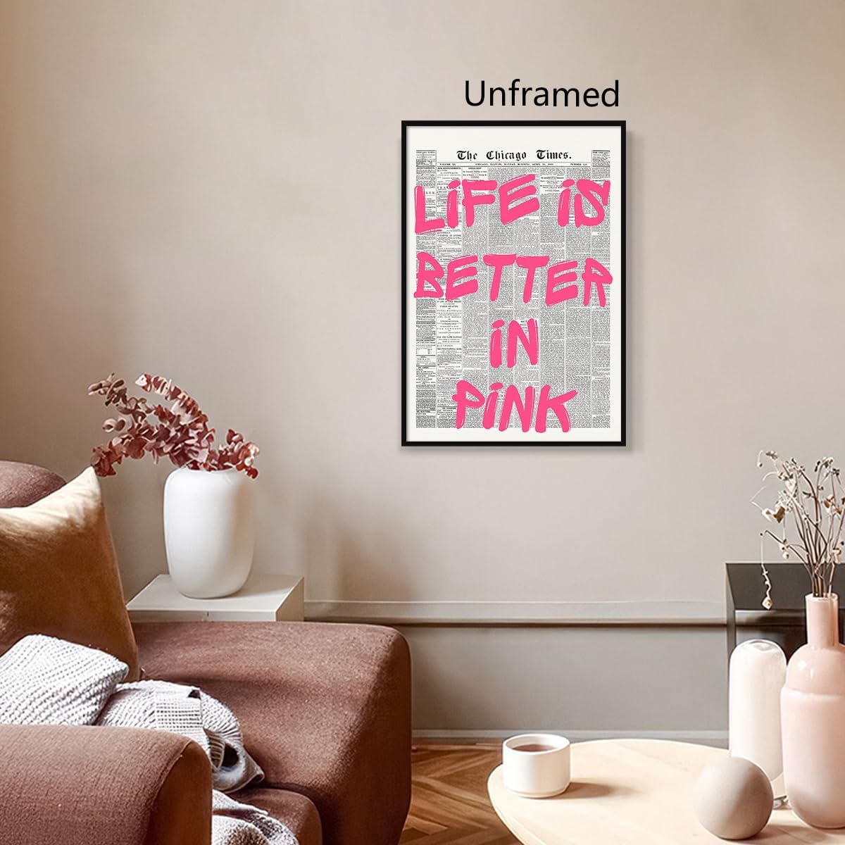 OAOPIC Life Is Better In Pink Quote Poster - Vintage Black & White Canvas Wall Art | Motivational 8x12in Unframed Decor