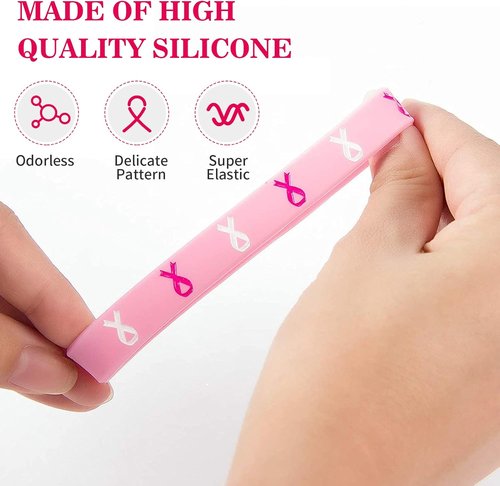 Biubee Breast Cancer Awareness Bracelets - 48 Pink Ribbon Silicone Wristbands for Women Survivor Gifts