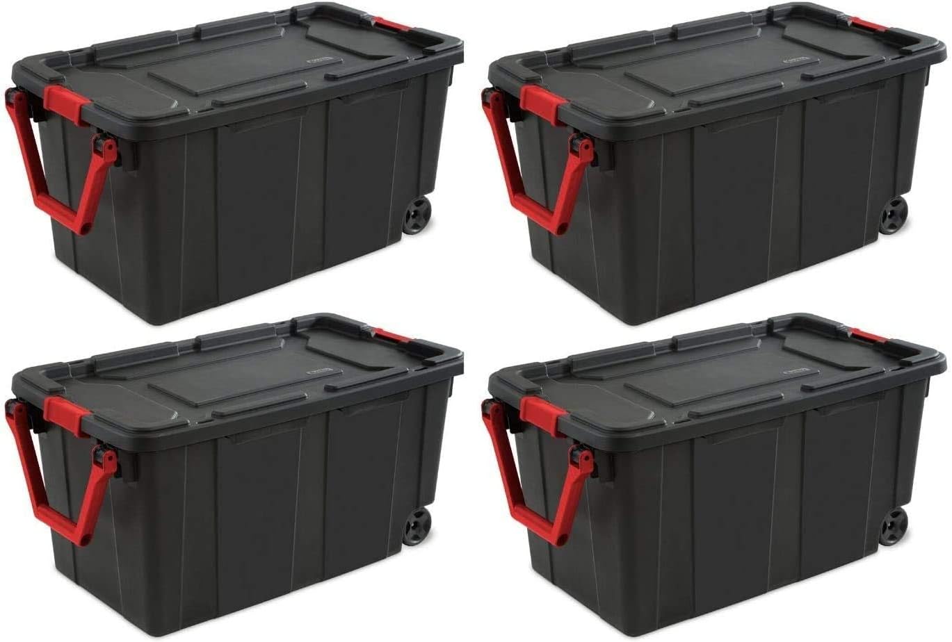Sterilite 40 Gallon Wheeled Industrial Tote - Black Lid & Racer Red Handles | 4-Pack