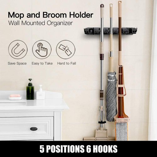 IMILLET Mop and Broom Holder - Wall Mounted Organizer with 5 Ball Slots & 6 Hooks | Black Storage Solution