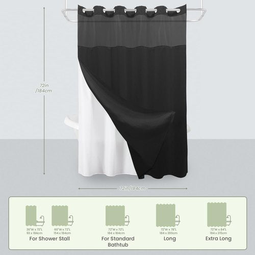 Inhousolu No Hook Shower Curtain with Snap in Fabric Liner Set Waffle Weave 230GSM Weighted Hem, Waterproof & Washable Bathroom Curtain Spa Luxury with Mesh Top Window 72" W x 72" L Black