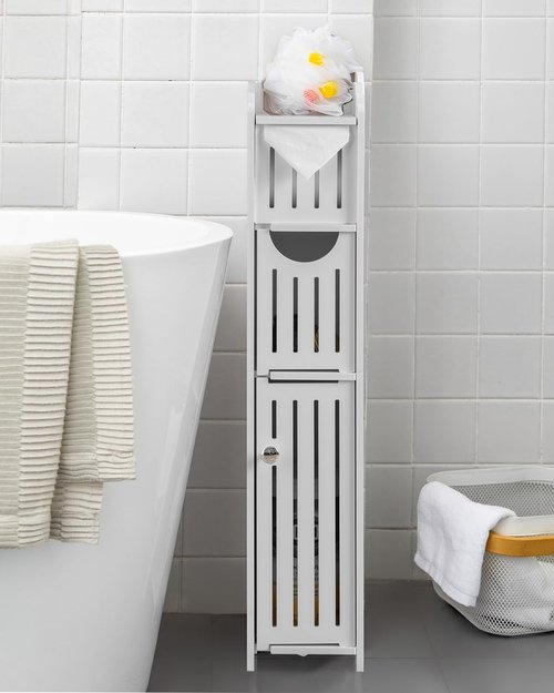 AOJEZOR Bathroom Storage Cabinet - Compact Design with Toilet Paper Holder for Mega Rolls | White Finish