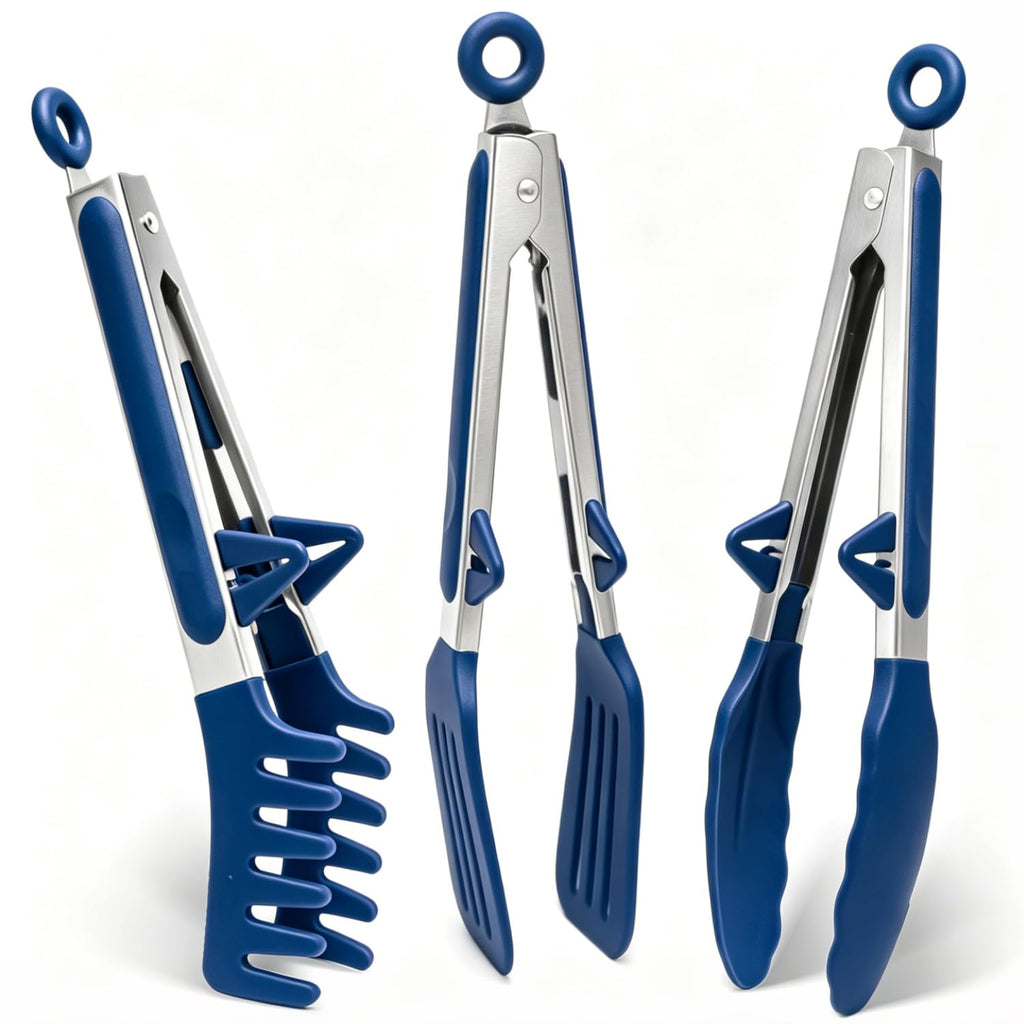 Kitchen Tongs, 9 Inch Tongs for Cooking with Silicone Tips, Food Grade Small Silicone Tongs, Mini Serving Tongs for Nonstick Pans, BBQ, Salad, Set of 3, Blue