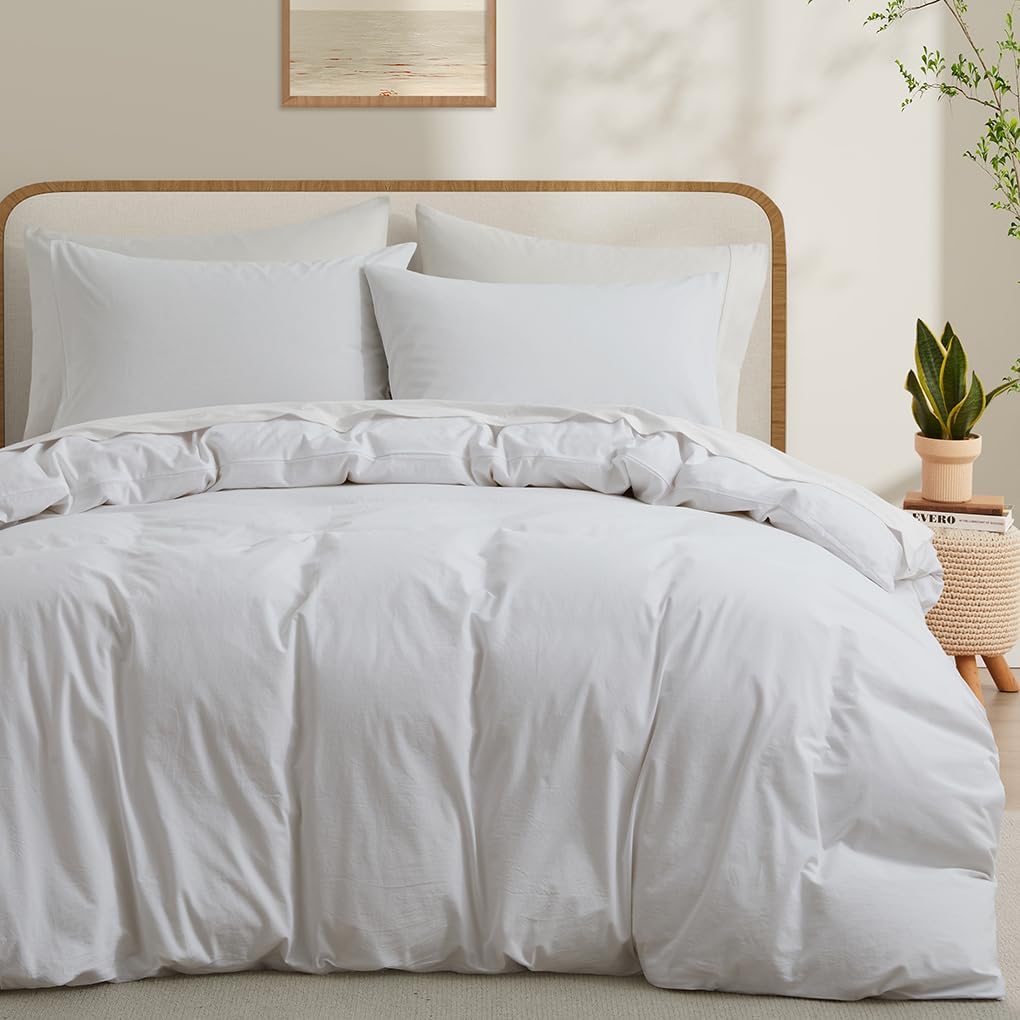 Regine Switzerland 100% Washed Cotton Duvet Cover - Breathable White Bedding Set, Queen Size 90x90 Inches