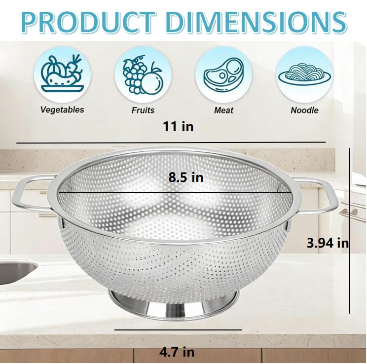 3-Quart Stainless Steel Colander - Micro-Perforated Strainer for Pasta, Vegetables & Fruits
