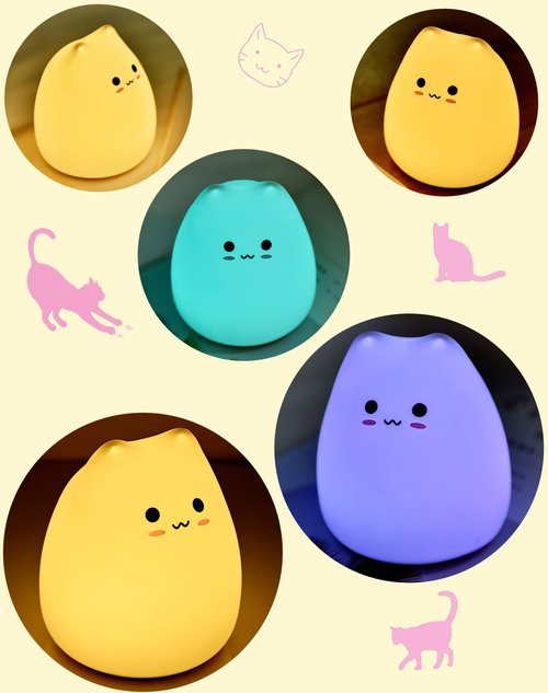 Lueudu LED Cat Night Light, Battery Powered Night Light for Kids, Silicone Multicolor Cute Lamp with Warm White and 7-Color Breathing Mode, Christmas Gifts for Kids, Baby, Children, Lady (Cute Cat)