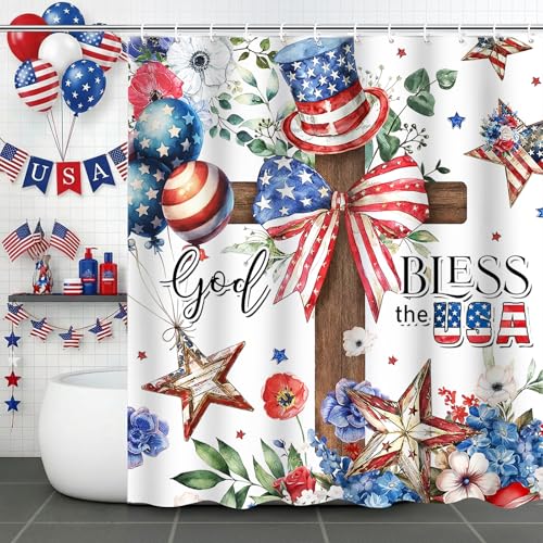 Patriotic 4th of July Shower Curtain - God Bless the USA, 72x72 Inch