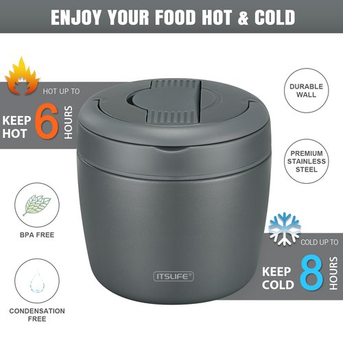 Itslife 32oz Insulated Soup Thermos, Vacuum Stainless Steel Food Jar for Hot & Cold Food, Leakproof Wide Mouth Lunch Container with Spoon, Grey