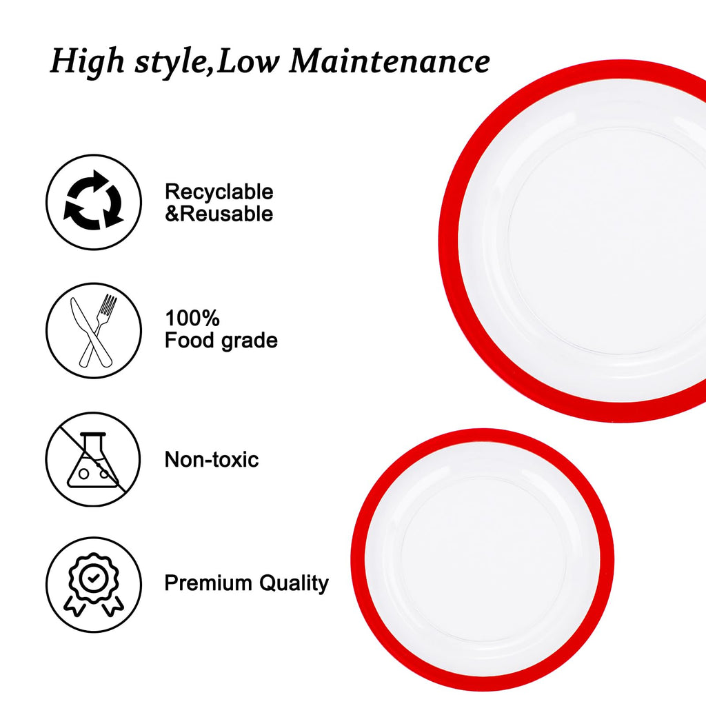 U-QE 120PCS Red Plastic Plates for Party - Red Plates Disposable Heavy Duty - Fancy Disposable Plates Include 60 10" Dinner and 60 7" Dessert Platos for Party, Mother's Day & Special Moments