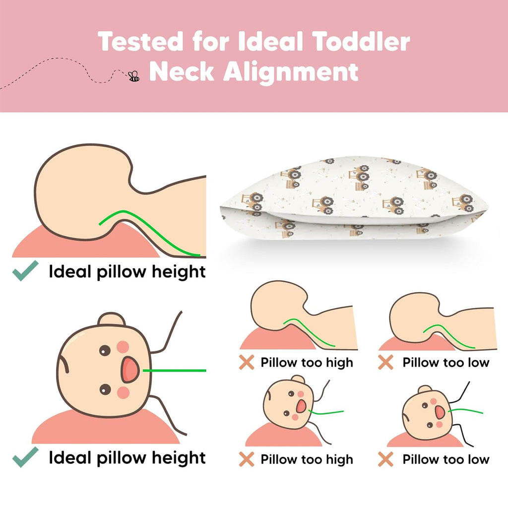 My Little Dreamy Toddler Pillow - Organic Cotton 13x18 Travel Bed Pillow, Soft & Breathable for Ages 2-5 (Tractor)