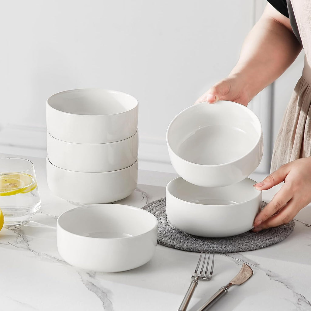 MALACASA 24 OZ Cereal Bowls Set of 6 - Porcelain Soup & Oatmeal Bowls | Dishwasher & Microwave Safe, White