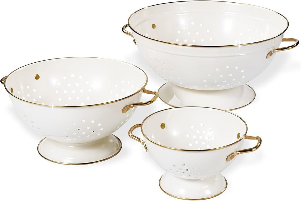 Metal Colander Set - 3-Piece Strainer Basket with Handles for Spaghetti, Pasta & Vegetables | 1, 3.5 & 5 Qt (Cream)