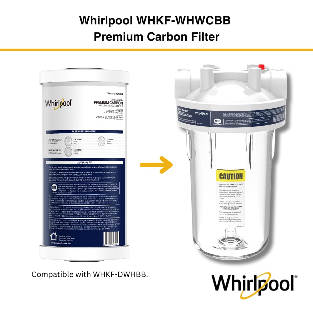 Whirlpool 10" x 4.5" Premium Carbon Water Filter WHKF-WHWCBB, NSF Certified 5 Micron Reduces Chlorine and Sediment, 6-Month Life, Large Capacity Replacement Cartridge Fits Most Home Filter Housings