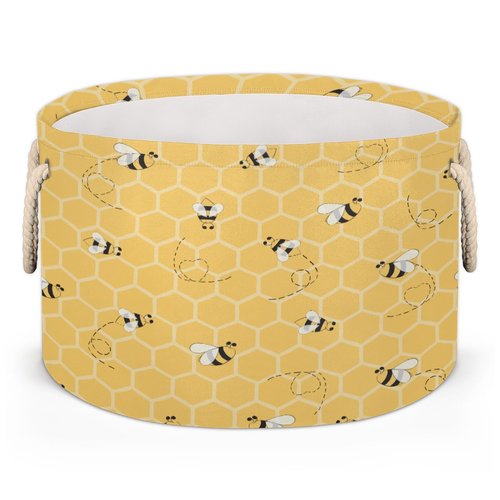 FengQuGou Cute Yellow Bee Large Storage Basket Honeycomb Bee Round Laundry Basket with Handle Organization Collapsible Storage Bins Box Hamper for Kids Toy Clothes Nursery Bedroom Living Room Decor