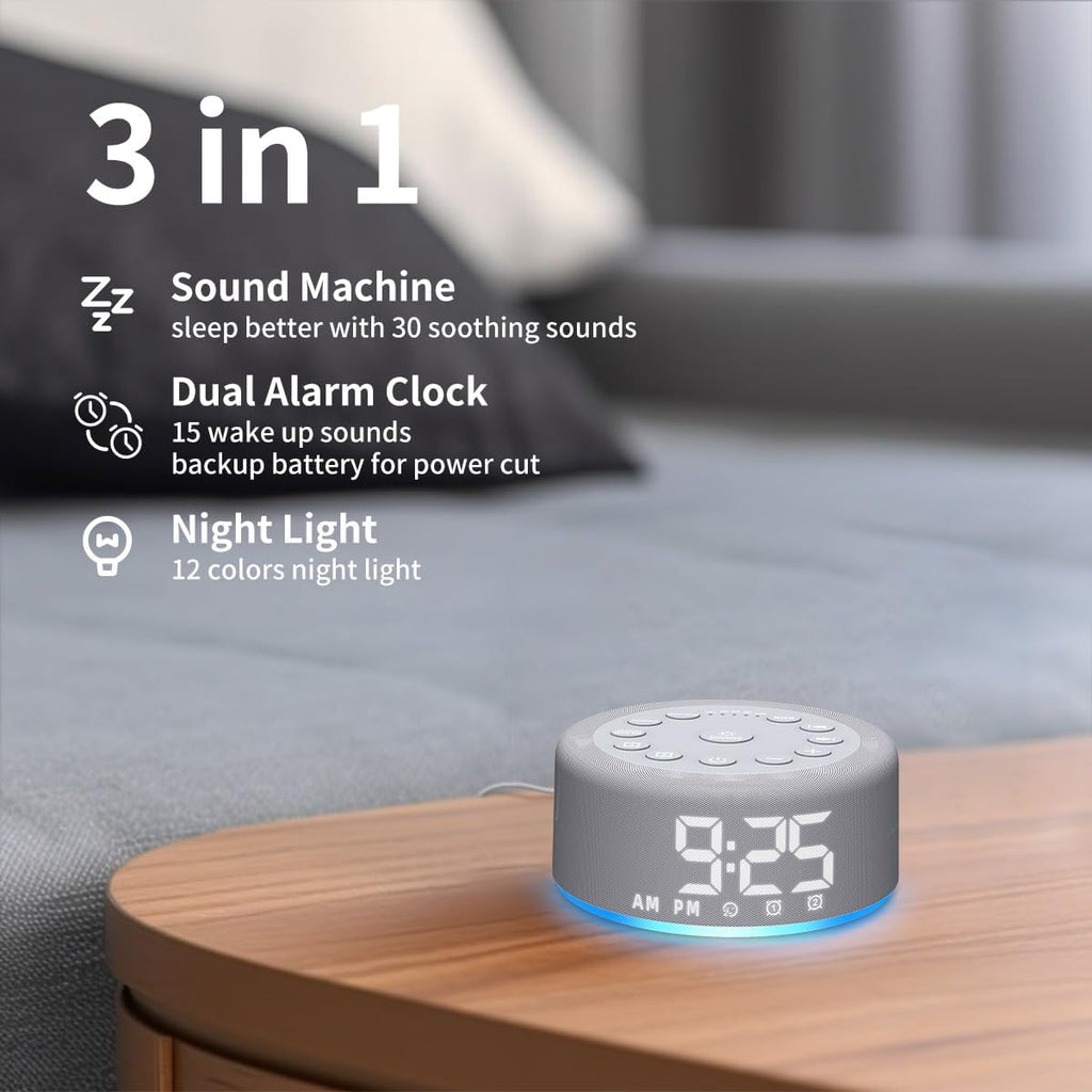 Skiennix White Noise Machine - Rechargeable Alarm Clock with Night Light & 30 Soothing Sounds