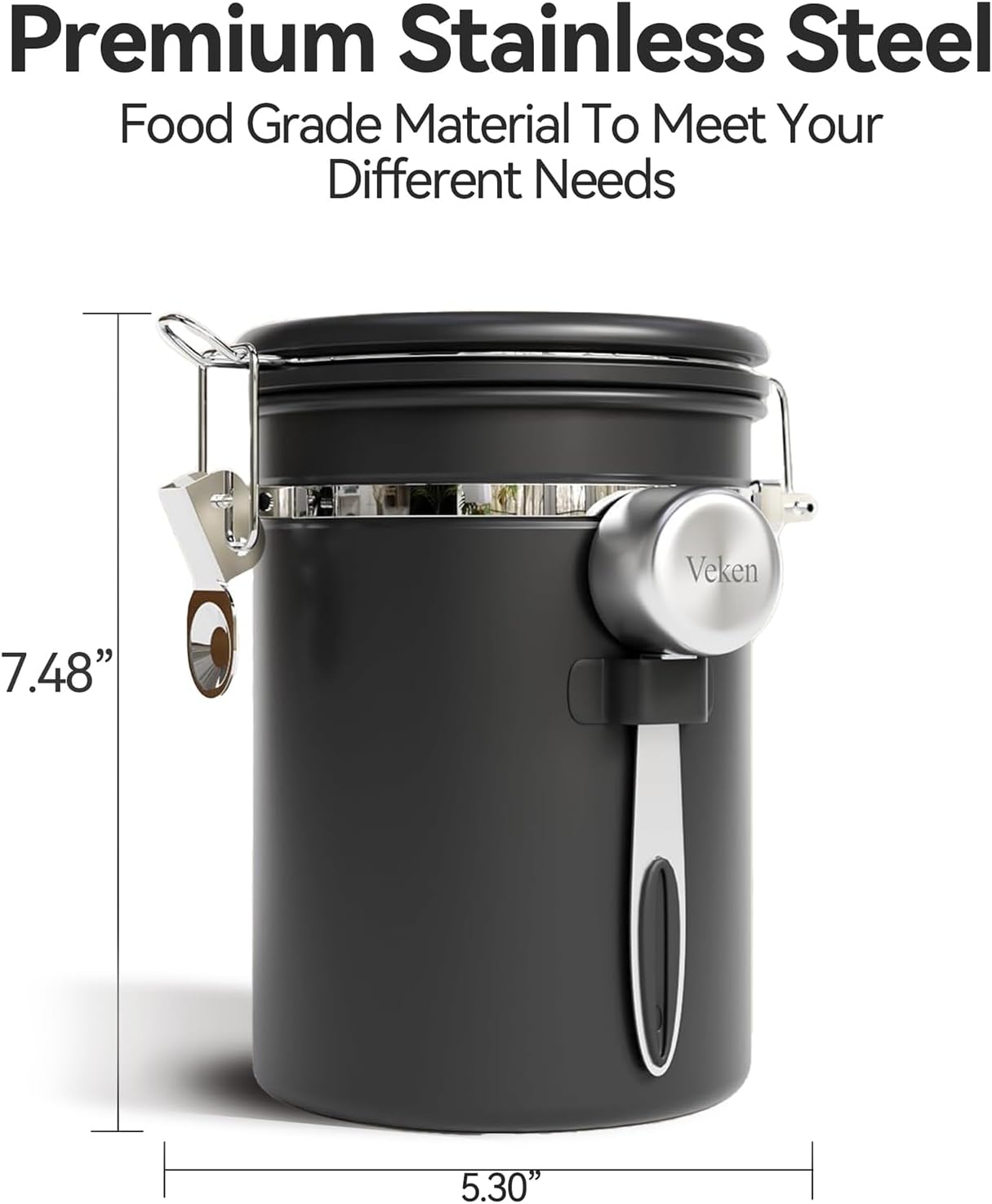 Veken Coffee Canister - Airtight Stainless Steel Storage Container with Window | 22oz Black