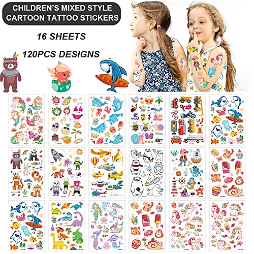 Felico 120Pcs Temporary Tattoos for Kids, Waterproof Cartoon Party Favors