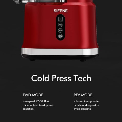 SIFENE Cold Press Juicer Machine, 70mm Wide Mouth Masticating Juicer for Whole Fruits & Vegetables, High Yield Slow Squeeze Extractor, Quiet Motor, Reverse Function, Easy to Clean, BPA Free, Red