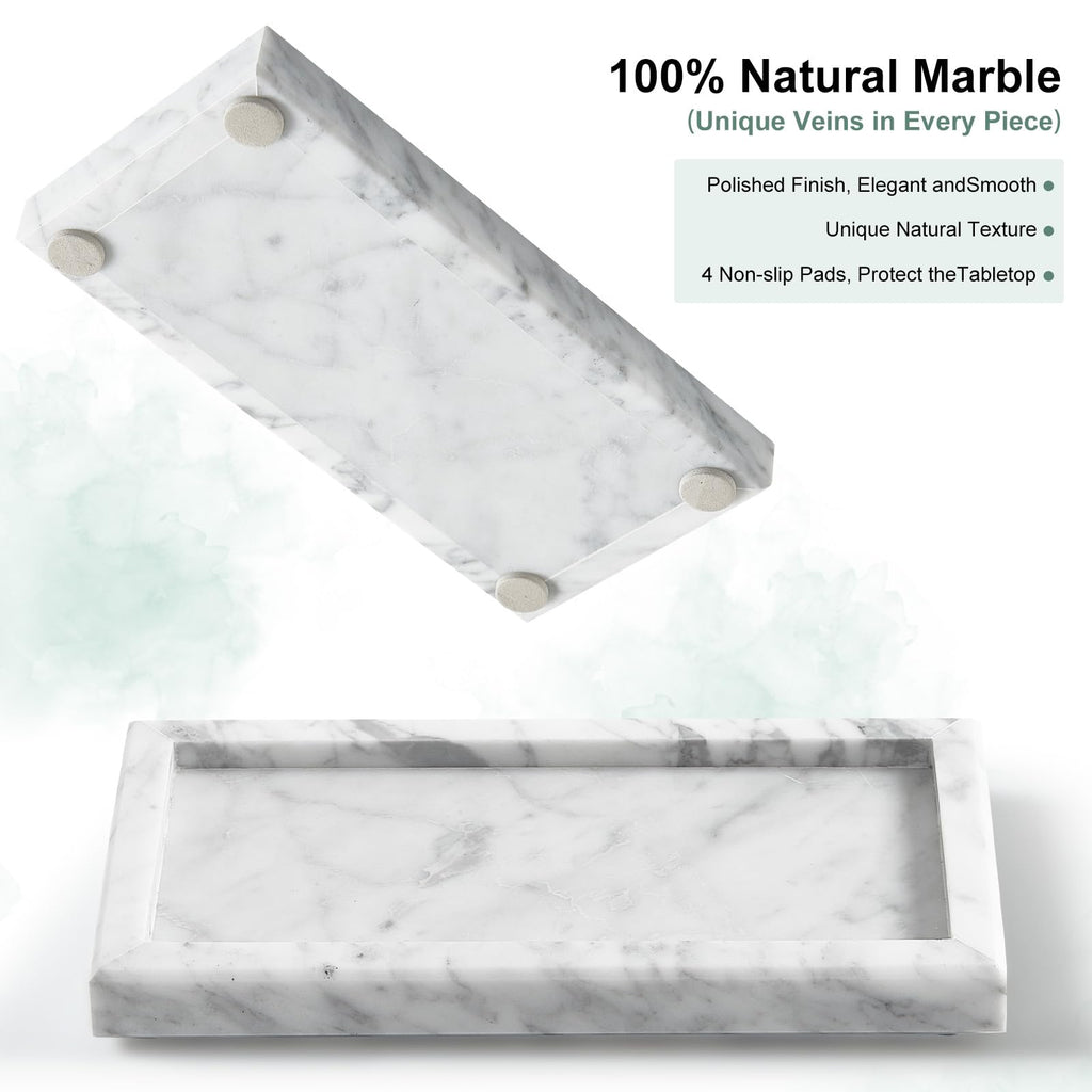 Natural Small Marble Vanity Tray, Luxury Stone Organizer for Bathroom & Kitchen | Holds Soap Dispenser, Jewelry, Perfume | Non-Resin, Non-Ceramic Décor