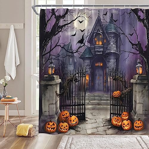 ZNLSU Halloween Shower Curtain - Scary Night Full Moon Gothic Haunted House & Pumpkin Design - 70x70 Inches, Purple Gray with Hooks