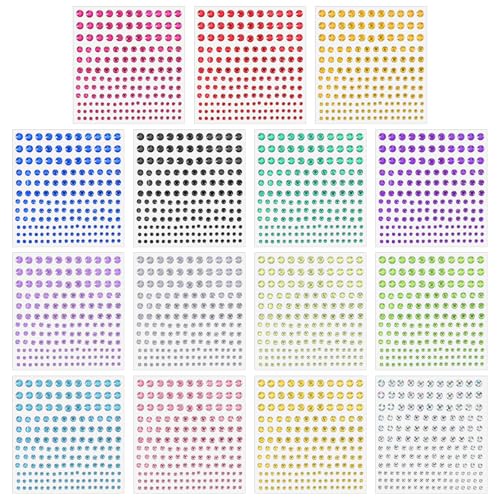 SULIKJHUI 3456 Pcs Self-Adhesive Rhinestone Stickers, 15 Colors Acrylic Gems for Crafts, Face, Body, and Nail Art