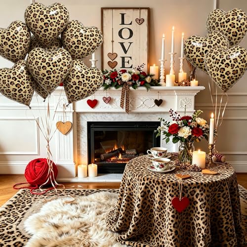12 Pcs Leopard Print Heart Foil Balloons - 18 Inch Cheetah Design