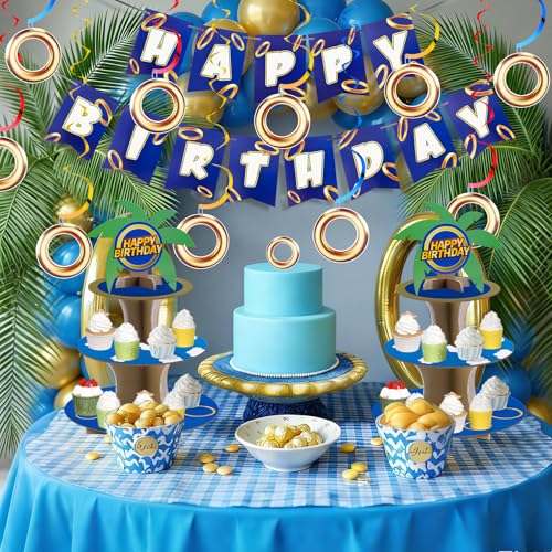 Cartoon Hedgehog Birthday Banner Set - Green Gold Ring Party Decorations