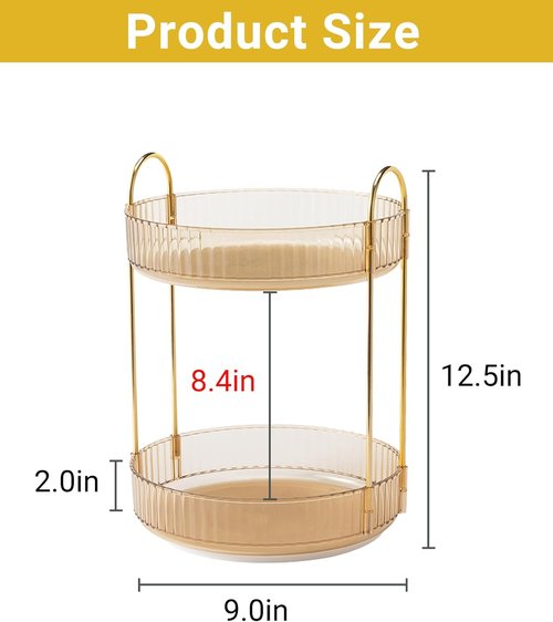 Asayuee 360 Rotating Gold Makeup Organizer - Large Capacity 2-Tier Skincare & Cosmetics Storage