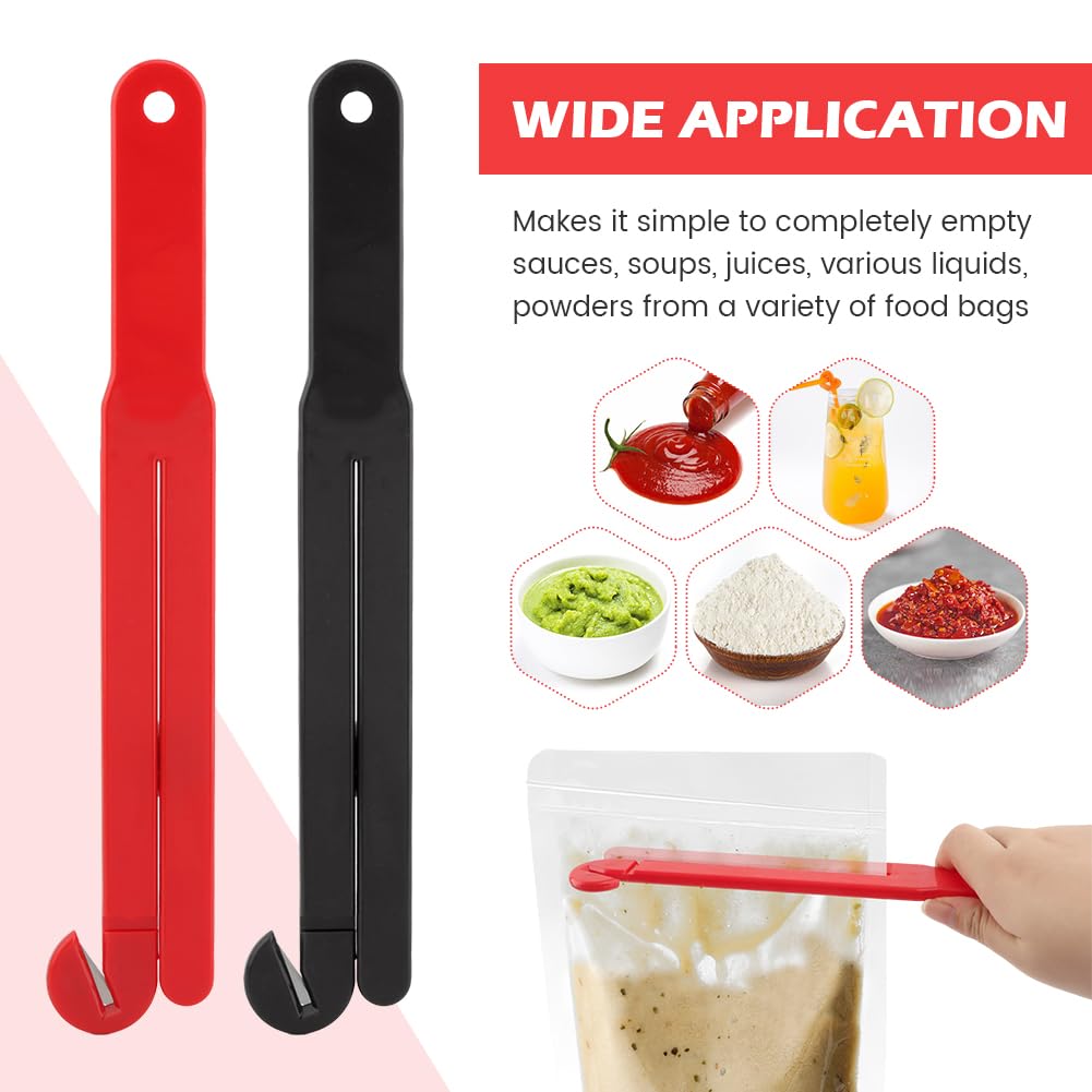 2pcs Food Bag Pouch Cutter Opener with Stainless Steel Blade and Squeezer for Home Kitchens, Includes Hang Chain and Suction Cup for Easy Storage(COLOR:Black+Red)