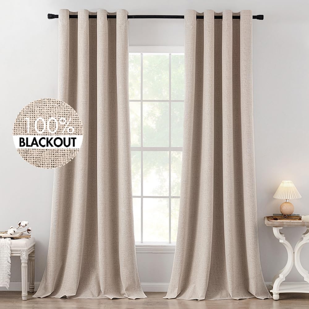 MIULEE 100% Blackout Linen Textured Curtains - Thermal Insulated Natural Beige | 52 x 120 Inch (2 Panels)