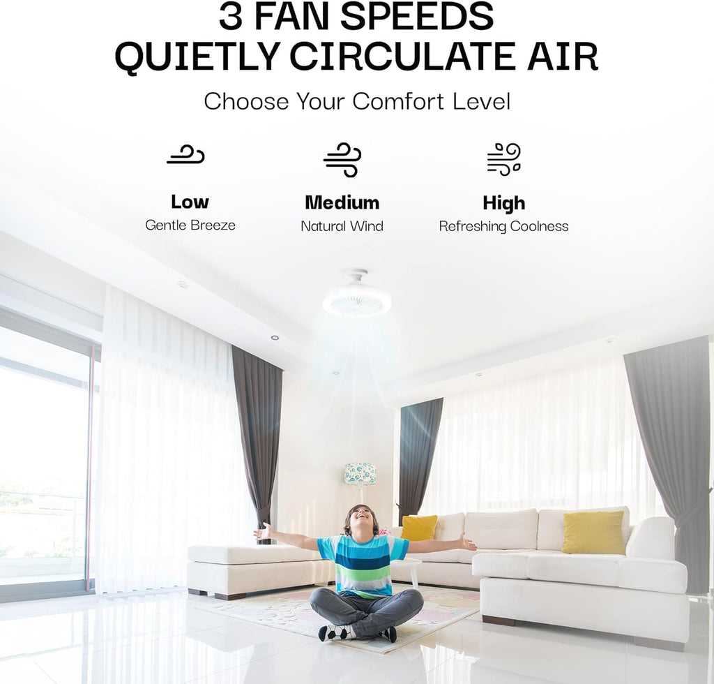 Bell+Howell SocketAir Wireless Ceiling Fan Light with Remote Control, Extender,110-120 Volt, 2100 Lumens, 3 Fan Speeds, 3 Light Settings, 6500K for Living, Dining, Working Space ASON TV