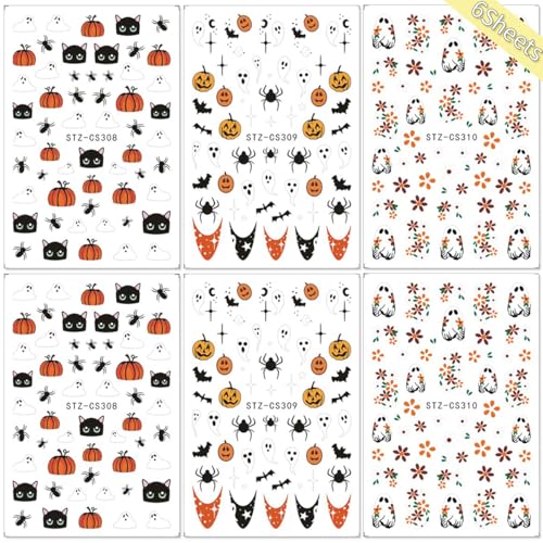 Halloween Nail Stickers 6-Sheet 3D Self-Adhesive Ghost Pumpkin & Black Cat Nail Art Decals