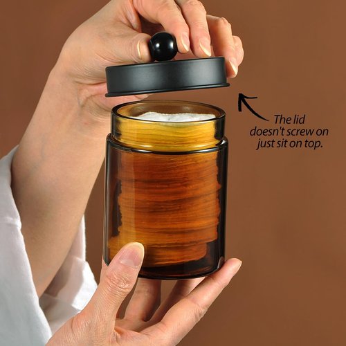 Amber Glass Qtip Holder - Apothecary Jar with Metal Lid & Stickers | 3-Pack Vanity Organizer Set for Bathroom Accessories