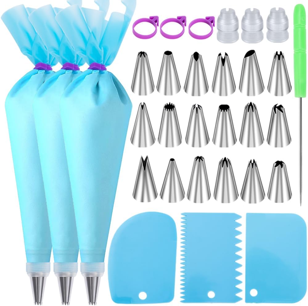 Regine Switzerland Piping Bags and Tips Set - 18 Frosting Tips, 3 Reusable Bags & Cake Scrapers