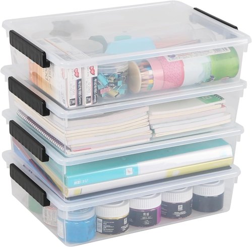 Clear Storage Bins - 4 Pack Flat Plastic Latching Bins with Lids | 6 Quart Stackable Design