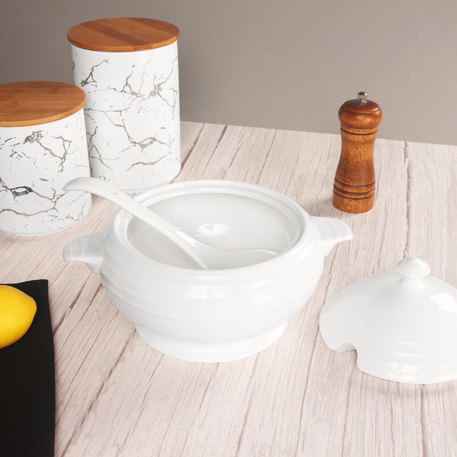 Creativity Home Casserole Dish with Serving Handles, 2.7 Qt soup Tureen With Lid and a 9.4-inch Spoon, for Dinner and Party Microwave Safe 11.6 Inch