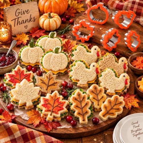 Thanksgiving Cookie Cutters Set - 4 Stainless Steel Shapes for Baking & Sandwiches - Pumpkin, Maple Leaf, Turkey, Leaves