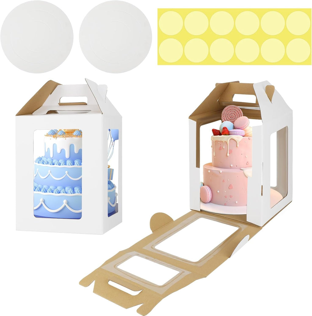 2 Pack Tall Cake Boxes for Tier Cakes with Cake Boards, 12x12x14 Inch 2 Tier Cake Box Tall Cake Carrier Large Tiered Cake Box with Handle for Valentine's Day, Mother's Day, Wedding, Birthday Party