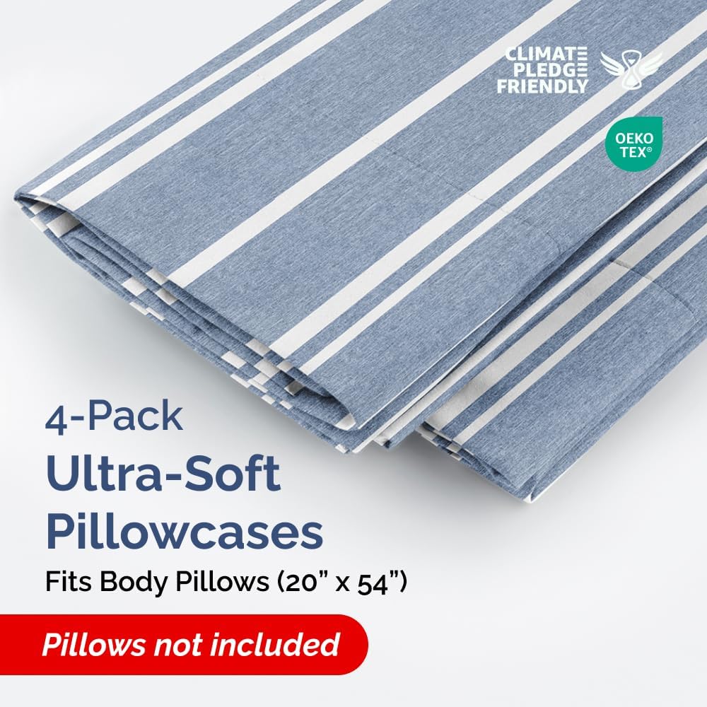 Skiennix Body Pillowcases Set of 4 | Soft & Breathable 20x54 Long Pillow Covers - Fade-Free & Machine Washable (Blue Stripes)