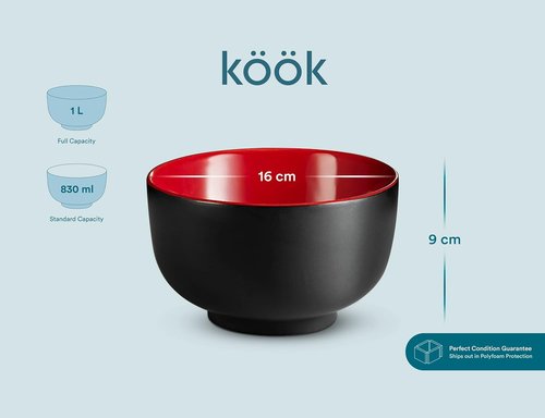 KooK Ramen Bowl - Large Ceramic Noodle Bowl Set | Microwave & Dishwasher Safe, 34 oz, Black/Red - Perfect for Ramen, Pho, Udon, Soba