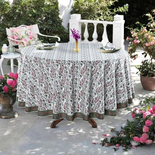 Round Cotton Tablecloth 90 Inch Coral Pink Block Print - Traditional Indian Design