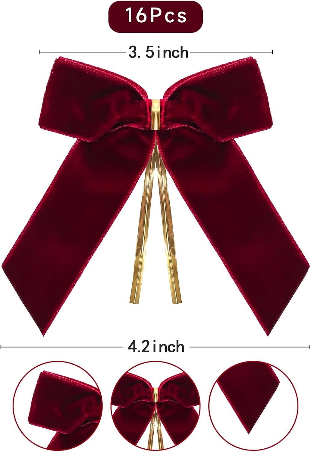 PintreeLand Red Velvet Christmas Bows - 16 Pack Decorative Twist Tie Ribbons | 3.5x3.5 Inch (Wine Red)