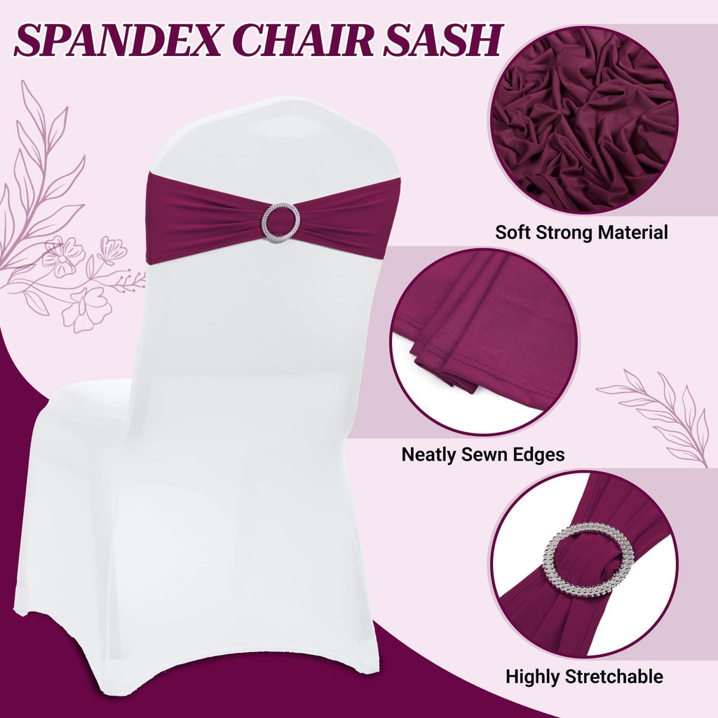 MDS Spandex Chair Sashes - 150 Universal Elastic Stretch Bands with Buckle Slider Bow | Eggplant Color