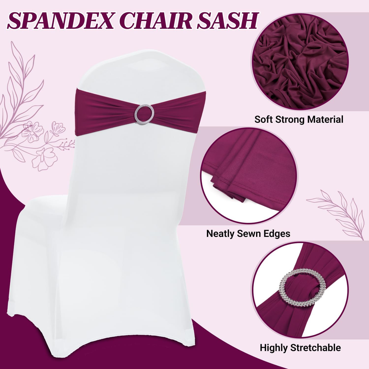 MDS Spandex Chair Sashes - 150 Universal Elastic Stretch Bands with Buckle Slider Bow | Eggplant Color
