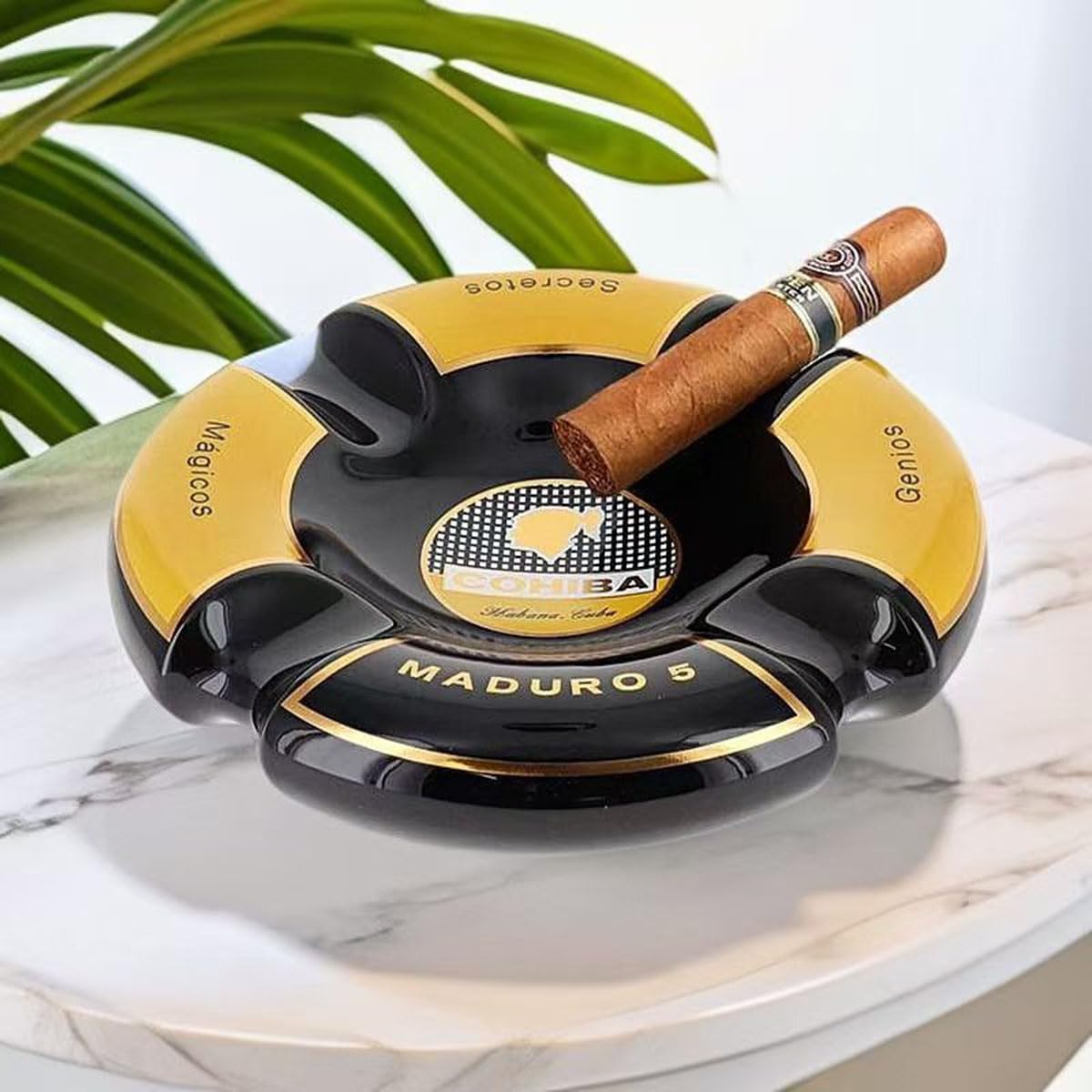5 Cigar Ashtray, Black and Gold, Round Ceramic, 4 Rests