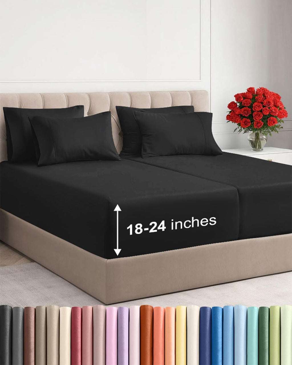 Skiennix Extra Deep Split King Sheet Set - 7 Piece Breathable Cooling Bedding - Soft, Wrinkle-Free Black