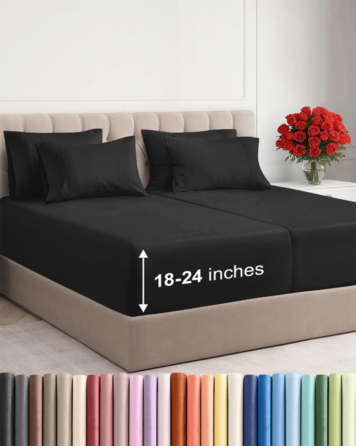 Skiennix Extra Deep Split King Sheet Set - 7 Piece Breathable Cooling Bedding - Soft, Wrinkle-Free Black