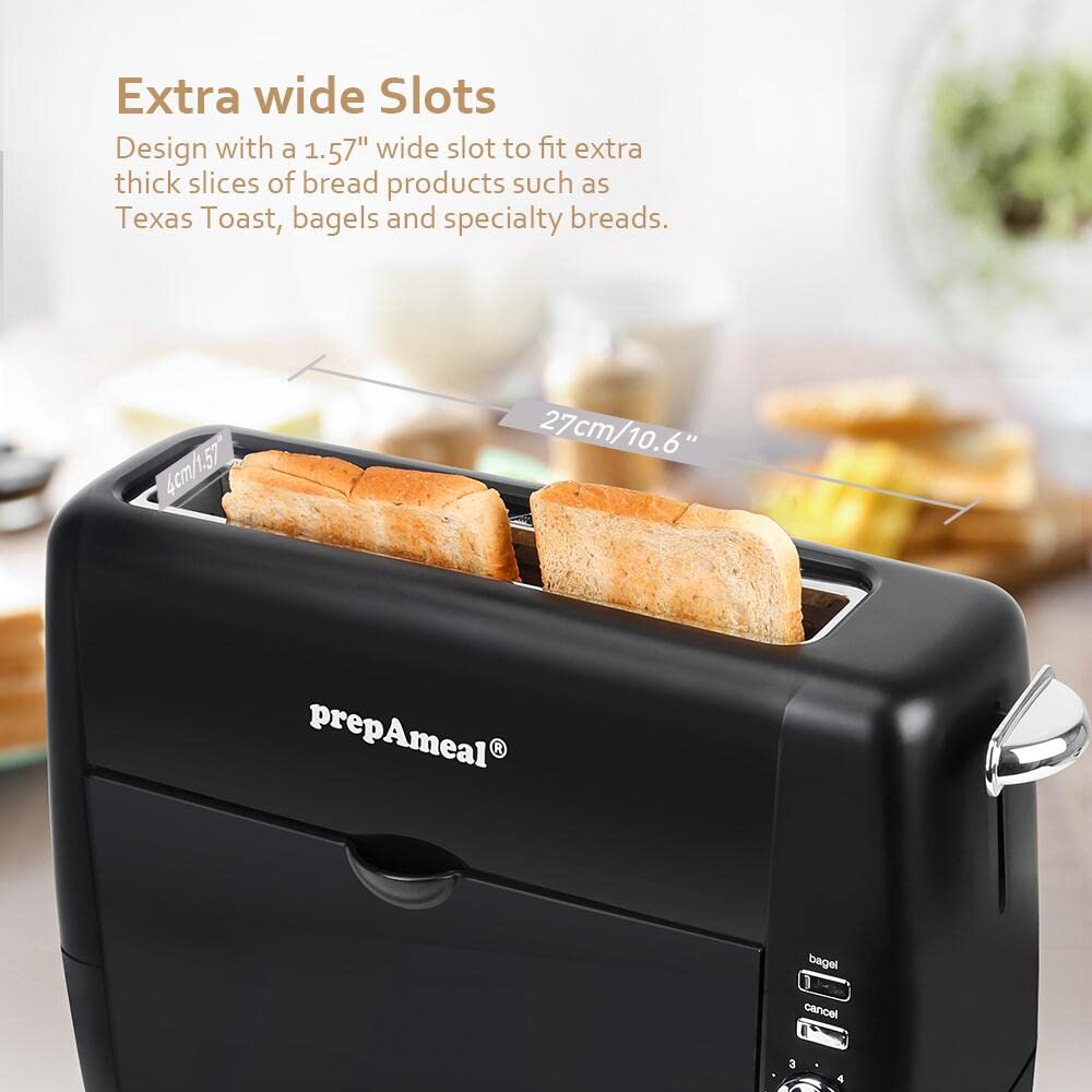 prepAmeal Long Slot Toaster 2 Slice Toaster with 6 Shade Settings, Bagel/Cancel, Extra Wide Slots, Removable Crumb Tray, for Bagels, Waffles, Breads, Puff Pastry, Snacks (2-Slice, Black)