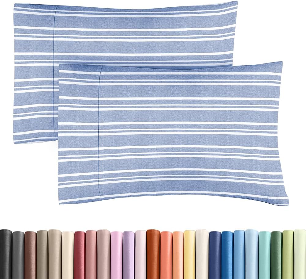 Skiennix Standard Pillow Cases - Ultra-Soft Hotel Quality Covers | Comfy, Wrinkle-Free, Stain Resistant - 2 Piece Set in Blue Stripes